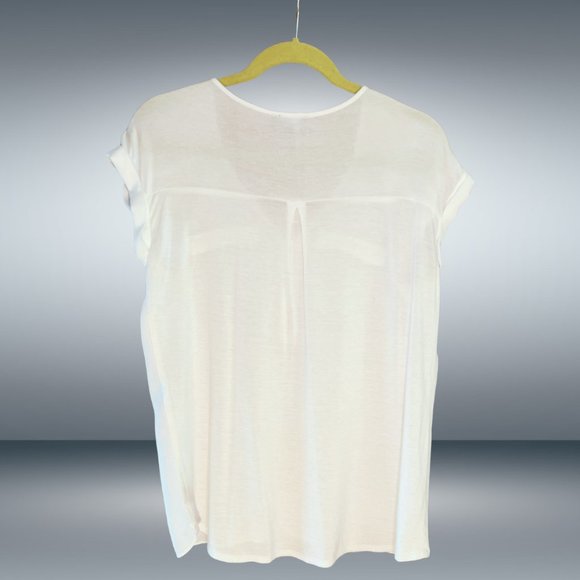 EggShell Rolled Short Sleeve Zip V-Neck Blouse - Opaque Silky Front, Knit Back - Picture 3 of 6